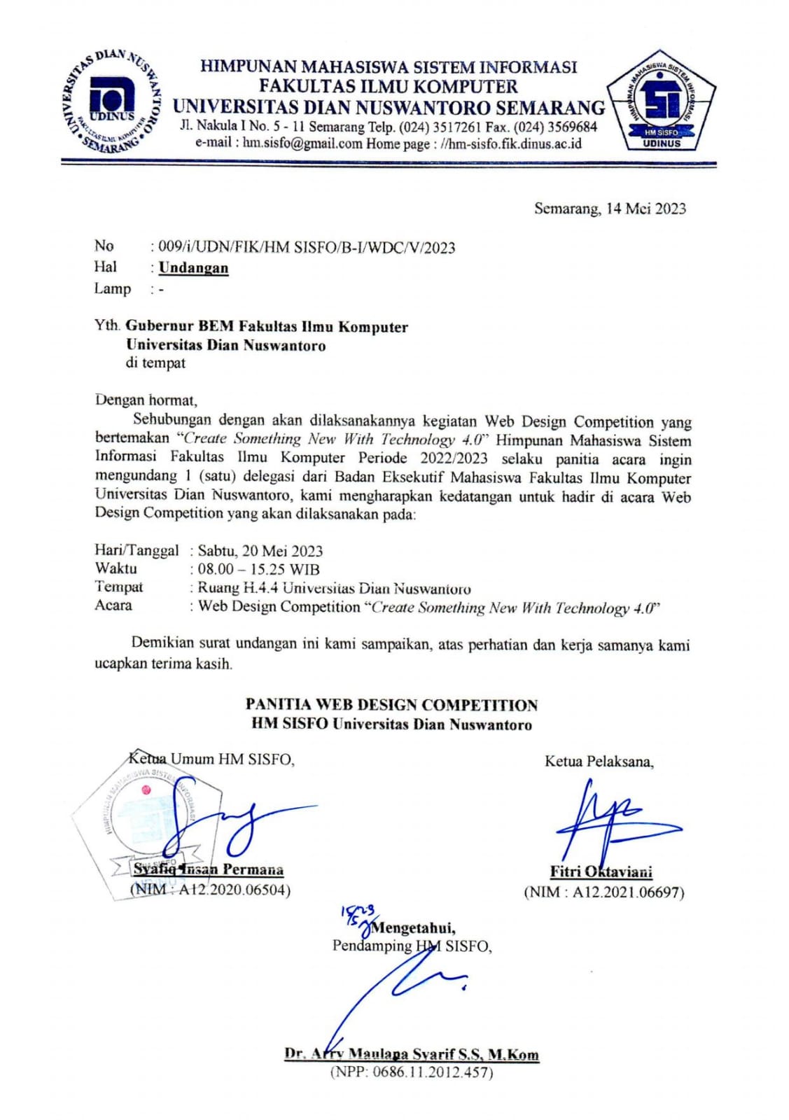 Surat Undangan Delegasi Badan Eksekutif Mahasiswa Fakultas Ilmu Komputer Universitas Dian Nuswantoro